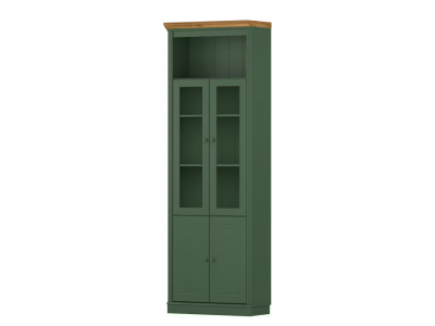 Estante alta com 2,20m para biblioteca com porta de vidro e porta de madeira na cor verde com detalhe em cera | coleção biblioteca